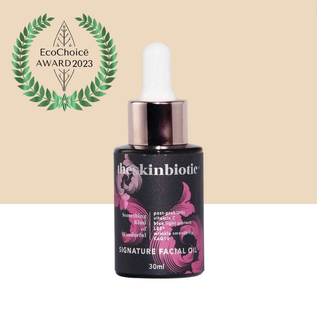  Prebiotic Face Oil Serum Signature Formula image of bottle with dropper, and picture of Award prize Emblem of EcoChoice award 2023 from the Australian Organic Skincare Awards 