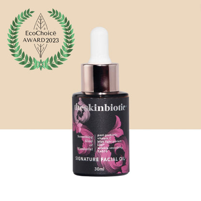  Prebiotic Face Oil Serum Signature Formula image of bottle with dropper, and picture of Award prize Emblem of EcoChoice award 2023 from the Australian Organic Skincare Awards 