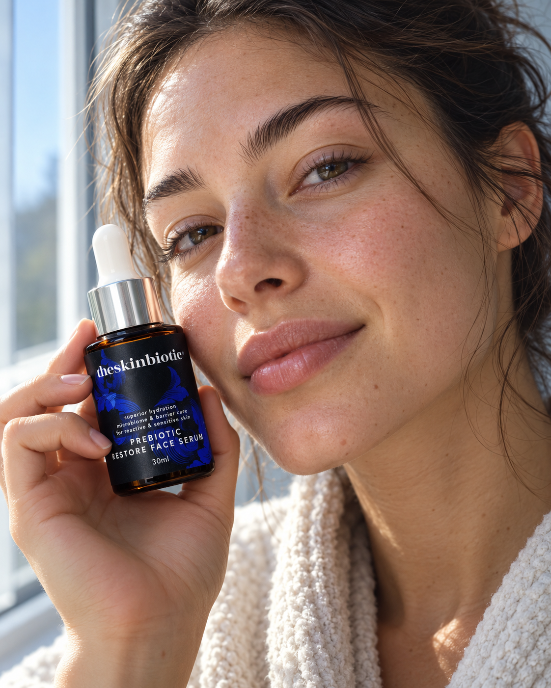 A woman in a white knit robe holds a bottle of theSkinBiotic  Restore Face Serum next to her face, with bright natural light coming from a window in the background.