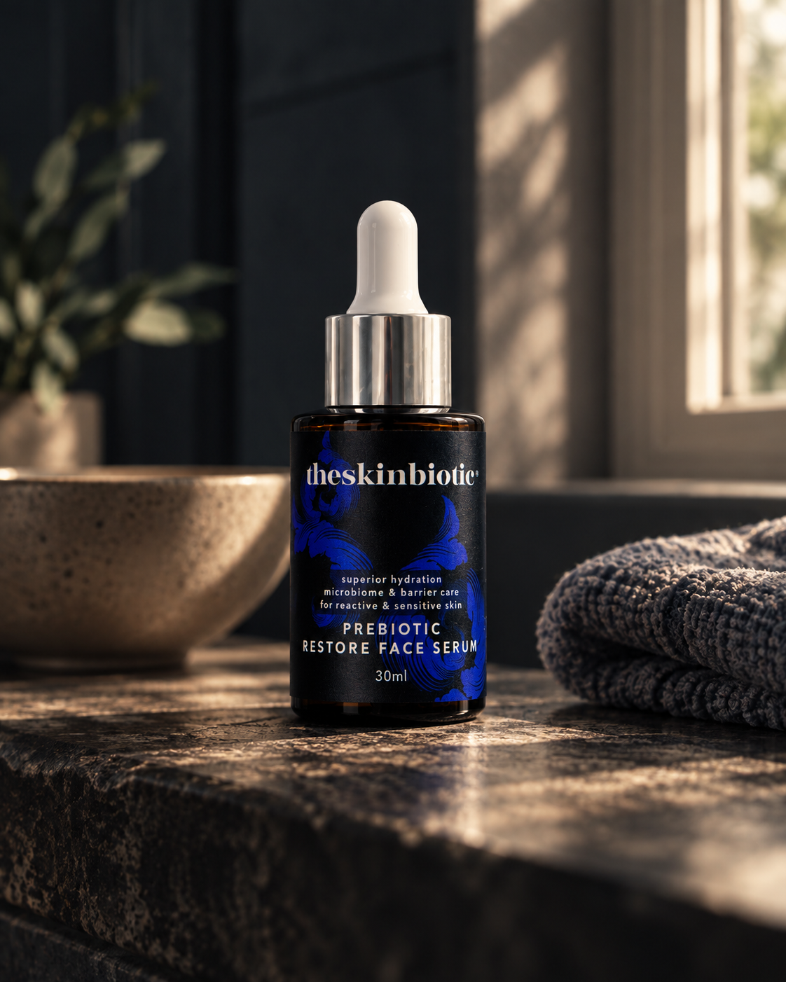 A bottle of theskinbiologie Prebiotic Restore Face Serum with a white dropper cap, set on a stone countertop with a warm, sunlit kitchen or bathroom background.
