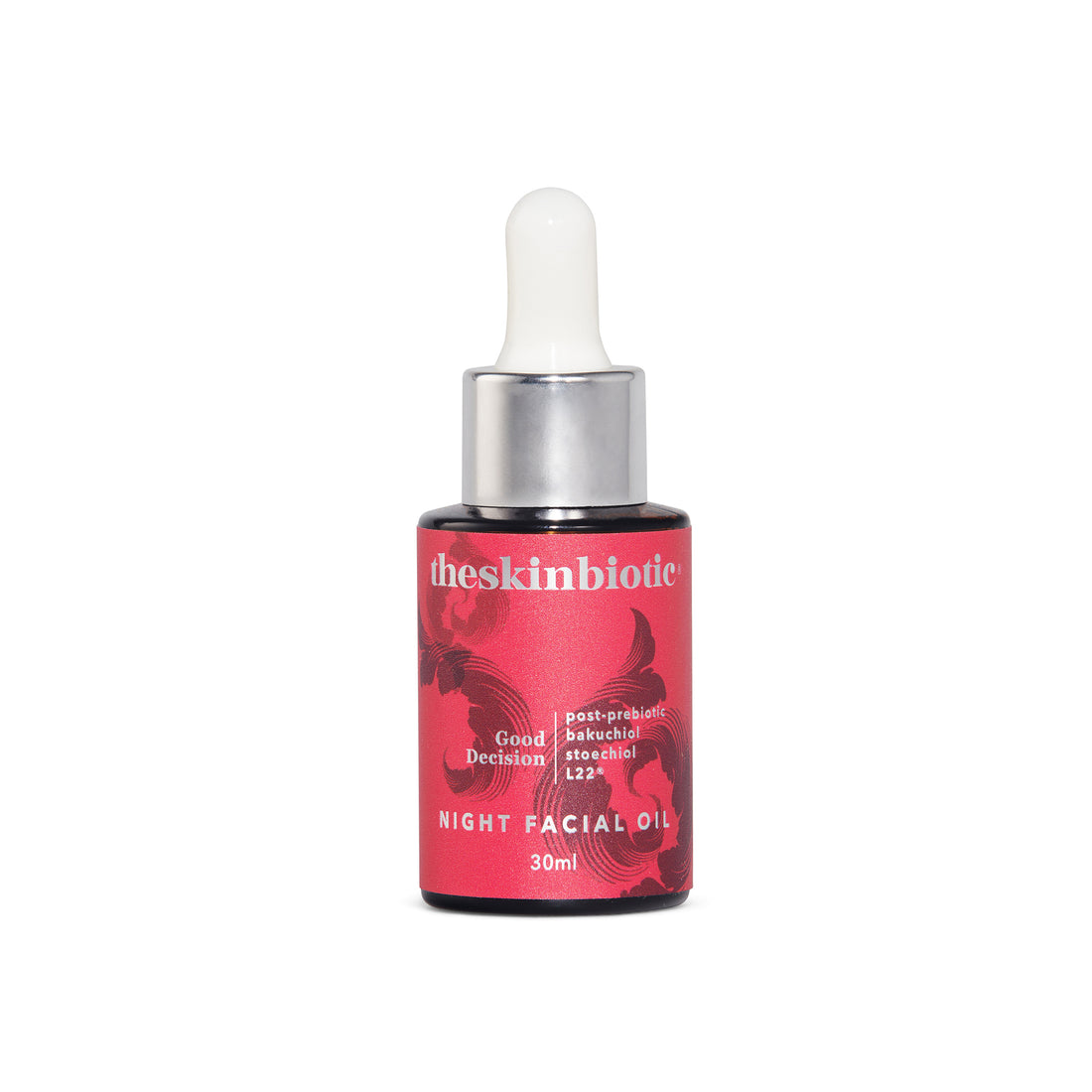 Bakuchiol Oil Serum with prebiotics and Stoechiol® in a bottle with dropper. label is red with silver writing on a white background.